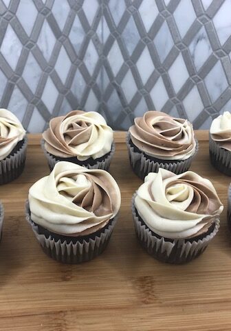 Order now the cupcakes of your dreams! Photo of chocolate and tahini swirl rosette cupcakes, which if you click on, will bring you to our cupcake order forms.